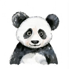 Hand-painted watercolor illustration of a panda bear's face, ideal for nursery wall art or educational materials, with ample white space for text