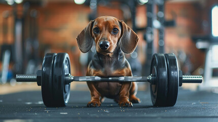 Duchshund fitness  em treino na academia  - obrazy, fototapety, plakaty