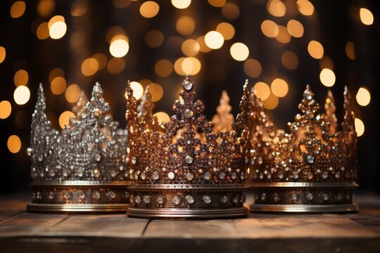 three crowns on silver and gold tables in front of sparkling lights