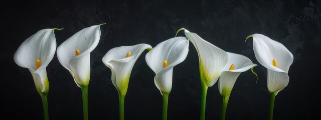 white calla lillies in a black background