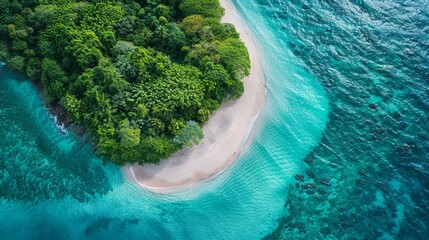 A minimalist aerial photograph of a tropical island, with white sandy beaches, turquoise waters - obrazy, fototapety, plakaty