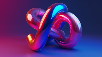 A modern 3D digital art piece featuring a reflective, colorful knot set against a sleek blue and purple gradient background
