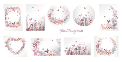 Floral backgrounds set. Wedding invitations or greeting cards set with flowers in watercolor style.