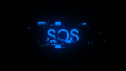 3D rendering SOS text with screen effects of technological glitches