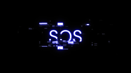 3D rendering SOS text with screen effects of technological glitches