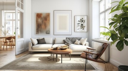 A spacious and well-lit living room elegantly designed with artwork, a sectional sofa, and wooden flooring