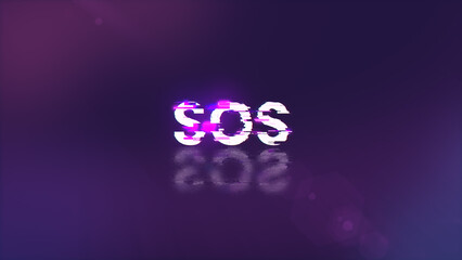 3D rendering SOS text with screen effects of technological glitches