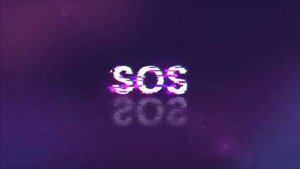 3D rendering SOS text with screen effects of technological glitches