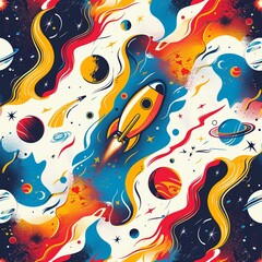Galactic Astronaut rocket adventures. cute cartoon Seamless Patterns, generative ai  art