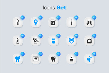 Set Mouthwash, Medical dental chair, Dental clinic location, Broken tooth, Tooth with caries and drill, floss, and Toothbrush toothpaste icon. Vector
