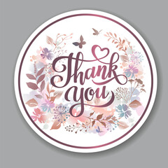 Thank You sticker in watercolor style. Wreath design for stickers, greeting card, invitation, cover and advertisement.