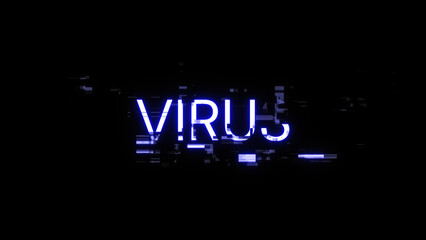 3D rendering virus text with screen effects of technological glitches