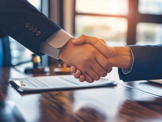 Close-up of a formal handshake between two professionals over a desk with documents, symbolizing agreement and partnership. - obrazy, fototapety, plakaty