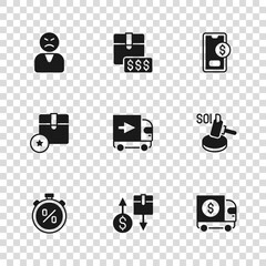 Set Tax cardboard box, Auction hammer, Armored truck, Delivery cargo, Mobile with dollar, Angry customer, Item price tag and Carton icon. Vector