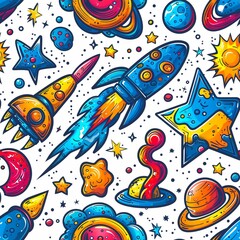 Galactic Astronaut rocket adventures. cute cartoon Seamless Patterns, generative ai  art