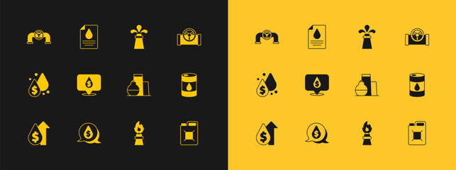 Set Oil pipe with valve, drop dollar symbol, tank storage, rig fire, and Contract money and pen icon. Vector