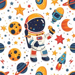 Galactic Astronaut rocket adventures. cute cartoon Seamless Patterns, generative ai  art