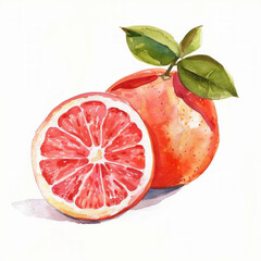 Vibrant watercolor illustration of a whole grapefruit with a leaf and a sliced half, ideal for culinary themes, diet concepts, or healthy eating promotions, with copy space