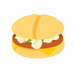 Burger with wheat panini bun, sauce, slices of cucumber, cheese and mushrooms icon in cartoon flat style.Vector illustration isolated on white background. For menu, poster, infographic.