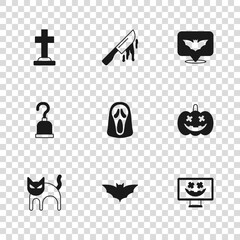 Set Flying bat, Pumpkin, Happy Halloween holiday, Funny and scary ghost mask, Tombstone with cross, Bloody knife and Pirate hook icon. Vector