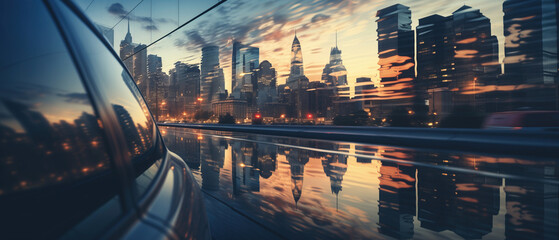 Symphony of motion. Witness the citys dynamic rhythm as it rushes past, reflected in the sleek surface of a moving vehicle