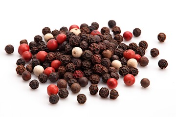 Black, white and red pepper, peppercorns on an isolated white background, used for gourmet cooking.