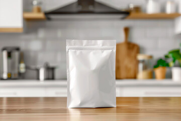 Mockup of white doypack with coffee, tea or spices on the kitchen table with a blurred kitchen background