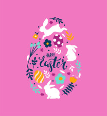 Awesome happy easter card in vector. Funny rabbits and spring flowers with hearts. Stylish holiday background in popular style.Vector illustration. - 759745983