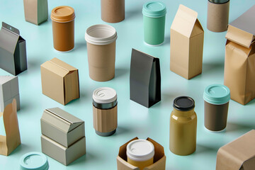 Obraz premium Assortment of sustainable packaging materials arrayed neatly on a soft blue backdrop
