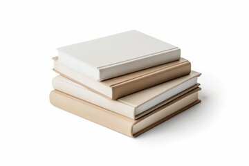 Neat stack of closed books in various shades of beige on a clean, white backdrop