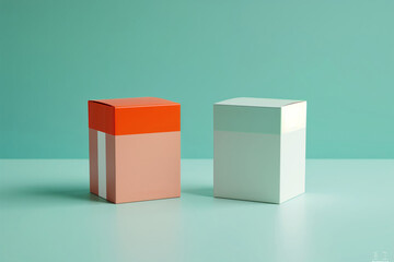 Fototapeta premium Two sleek and modern product boxes with a subtle branding, staged on a soft teal backdrop