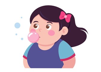 Cute little girl with bubble gum. Vector illustration in cartoon style.