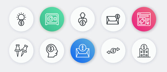 Set line Envelope, Online shopping on screen, Push, Money exchange, Mail and e-mail, Business investor, Bank building and man planning mind icon. Vector