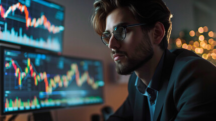 Man doing stock trading and lookingscreen for stock day trading - obrazy, fototapety, plakaty