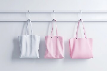 Three pastel-colored tote bags hanging on hooks against a clean white background