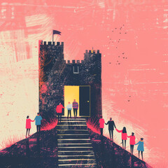 Colorful Line Illustration of Welcomers Opening Gates to a Castle Gen AI