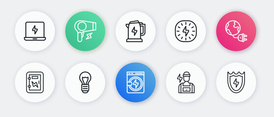Set line Washer, Global energy planet with plug, Electrical panel, Electrician, Lightning bolt, kettle, and shield and Creative lamp light idea icon. Vector