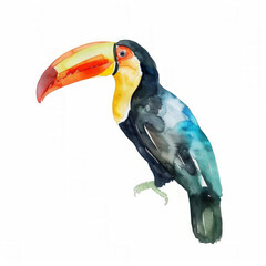 Fototapeta premium Vibrant watercolor illustration of a toucan with vivid beak colors on a clean white background, ideal for text overlay and tropical-themed designs