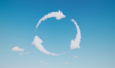 Image of a fluffy cloud in the shape of circulating arrows as a symbol of recyclation floating peacefully in a blue sky. 3d rendering.