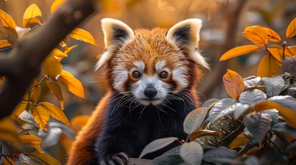 Zelfklevend Fotobehang wildlife photography, authentic photo of a red panda in natural habitat, taken with telephoto lenses, for relaxing animal wallpaper and more © elementalicious