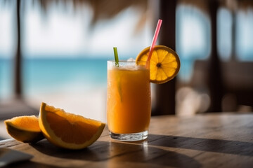 Tropical cocktail in a glass on the beach by the sea.