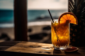 Tropical cocktail in a glass on the beach by the sea.
