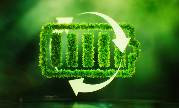 The concept of sustainable energy storage in the form of a battery symbol covered with leaves on a lush green background. 3d rendering.