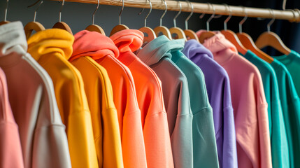 Row of different colorful youth cashmere sweaters and hoodies, sweatshirts and on a clothes rack - obrazy, fototapety, plakaty