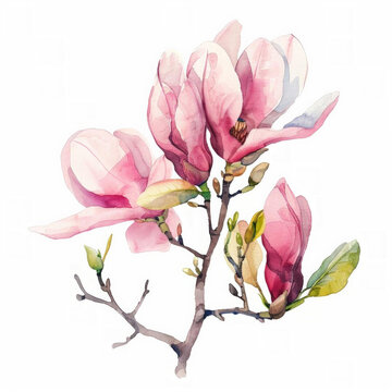 Watercolor illustration of delicate pink magnolia flowers in bloom with ample space for text, ideal for spring-themed designs and floral backgrounds