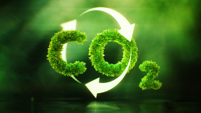 The issue of the impact of carbon dioxide on climate and global warming in the form of a CO2 symbol covered with leaves in a lush green environment. 3D illustration.