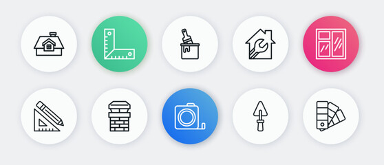 Set line Roulette construction, Window in room, Triangular ruler and pencil, Trowel, House with wrench spanner, Paint bucket brush, Color palette guide and Chimney icon. Vector