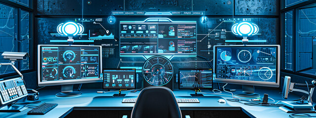 Futuristic Technology and Cybersecurity Concept, Digital Information Network, Control Room Scene