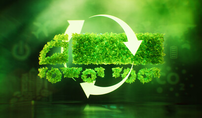 Sustainable and environmentally friendly transport and logistics concept in the form of a leaf-covered truck symbol on a lush green background. 3D rendering.