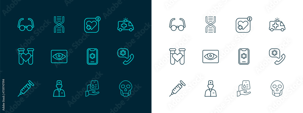 Canvas Prints Set line Ambulance car, Male doctor, Emergency call 911, Blood donation, Red eye effect, Mobile with heart rate, Glasses and DNA symbol icon. Vector